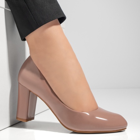 Pantofi dama cu toc gros nude luciosi MOD02836, 3, modlet.ro