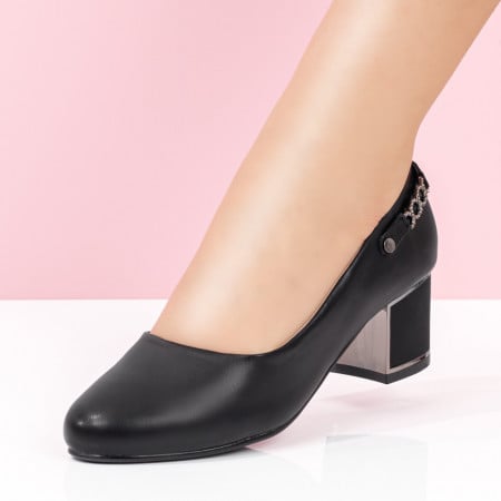 Pantofi dama, Pantofi dama cu toc gros si accesoriu decorativ la spate negri ZEF08345 - zeforia.ro
