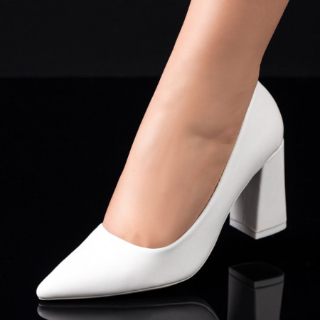 Pantofi cu toc gros dama, Pantofi dama cu toc gros si aspect mat albi ZEF07814 - zeforia.ro