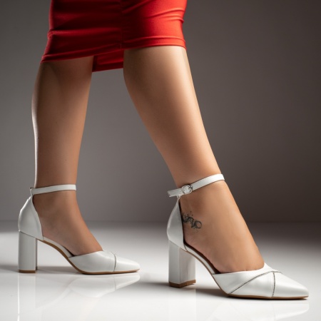 Pantofi dama, Pantofi dama cu toc gros si bareta albi MOD12029, modlet.ro