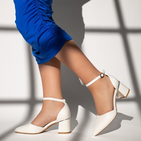 Pantofi dama cu toc gros si bareta albi MOD13377, 3, modlet.ro