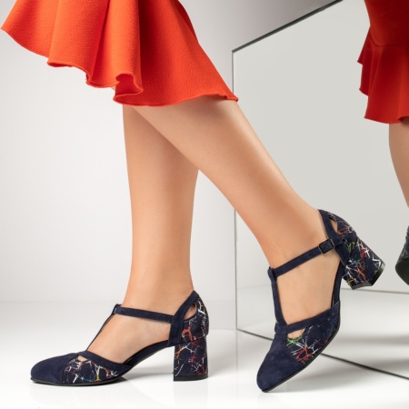 Pantofi dama cu toc gros si imprimeu albastru suede din Piele naturala MOD13600, 2, modlet.ro
