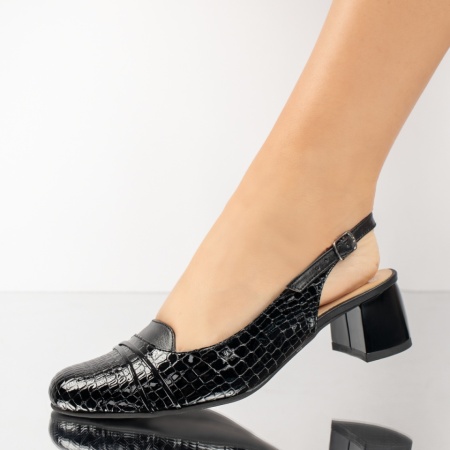 Pantofi dama cu toc gros si imprimeu negri din Piele naturala MOD13654, 2, modlet.ro