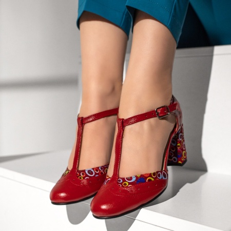 Pantofi dama, Pantofi dama cu toc gros si imprimeu rosii din Piele naturala MOD13078, modlet.ro