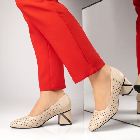 Pantofi dama cu toc gros si perforatii bej INA25, 2, modlet.ro