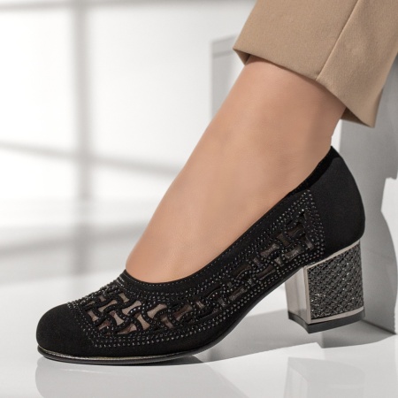 Pantofi dama cu toc gros si pietre aplicate negri MOD13011, 2, modlet.ro
