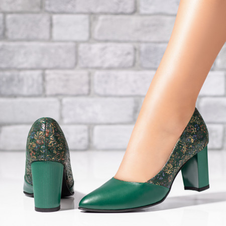 Pantofi cu toc, Pantofi dama cu toc gros si print verzi din Piele naturala ZEF01491 - zeforia.ro