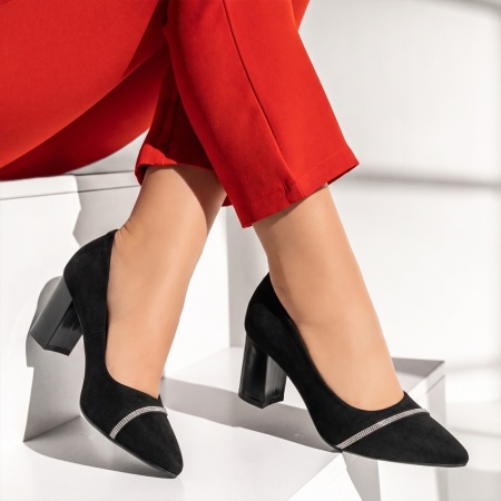 Pantofi dama cu toc gros si strasuri negru suede IRIS36, 3, modlet.ro