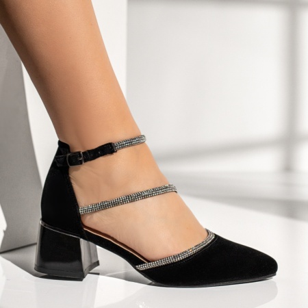 Pantofi dama cu toc gros si strasuri negru suede LIA41, 3, modlet.ro