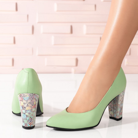 Pantofi cu toc gros dama, Pantofi dama cu toc gros verzi cu print din Piele naturala ZEF03561 - zeforia.ro