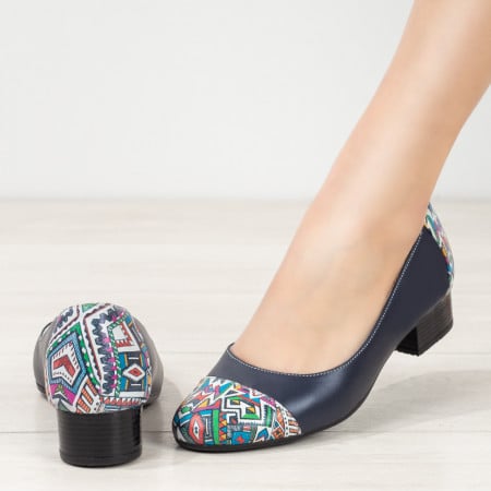 Pantofi dama cu toc mic din Piele naturala albastri cu print ZEF07973, 2, zeforia.ro