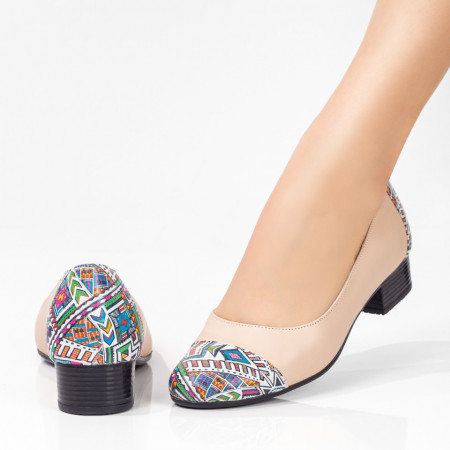 Pantofi dama cu toc mic din Piele naturala bej cu print MDL07973