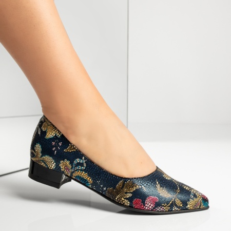 Pantofi dama cu toc mic si imprimeu albastri din Piele naturala MOD13493, 4, modlet.ro