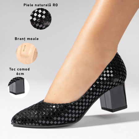 Reduceri incaltaminte dama, Pantofi dama cu toc negru cu model din Piele naturala ZEF033890 - zeforia.ro