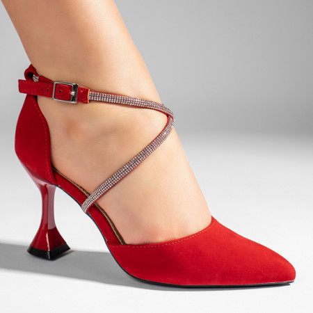 Pantofi dama cu toc si aplicatii cu pietre rosii suede LIA90, 4, modlet.ro