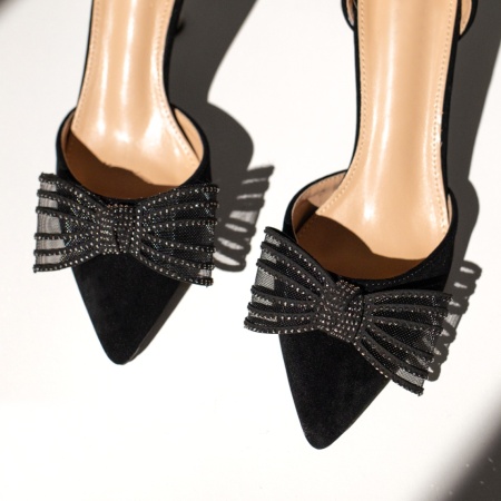 Pantofi dama cu toc si fundita negru suede LIA19, 4, modlet.ro