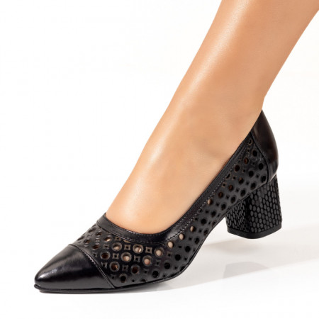 Pantofi cu toc, Pantofi dama cu toc si perforatii negri din Piele naturala ZEF10233 - zeforia.ro