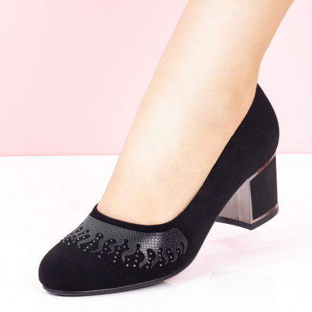Pantofi cu toc mic dama, Pantofi dama cu toc si pietricele negri suede ZEF08340 - zeforia.ro