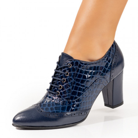 Pantofi dama cu toc si siret albastri din Piele naturala MDL10223