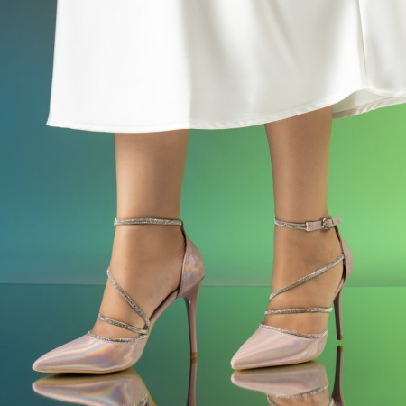 Pantofi dama cu toc subtire si bareta roz cu reflexii LIA84, 4, modlet.ro