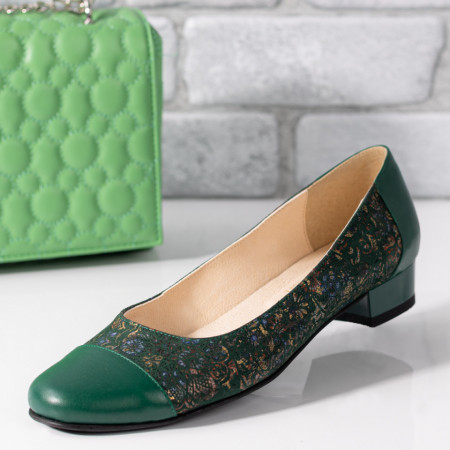 Pantofi cu toc mic dama, Pantofi dama cu toc verzi cu print din Piele naturala ZEF09533 - zeforia.ro