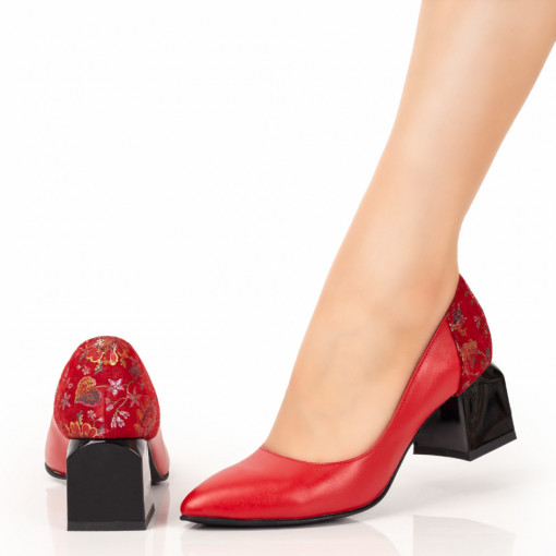 Pantofi cu toc, Pantofi dama rosii cu imprimeu floral si toc gros din Piele naturala ZEF07660 - zeforia.ro