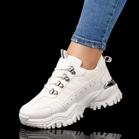 Adidasi dama, Pantofi dama sport cu siret si talpa groasa albi cu argintiu MOD09790, modlet.ro