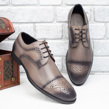 Plateste Jumatate!, Pantofi eleganti barbati cu perforatii gri din Piele naturala MOD09645, modlet.ro