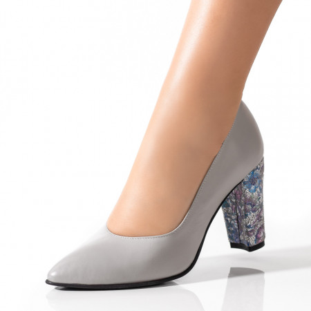 Pantofi eleganti dama cu toc gri din Piele naturala MDL03561