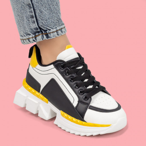 Adidasi dama, Pantofi sport dama albi cu galben si negru ZEF03212 - zeforia.ro