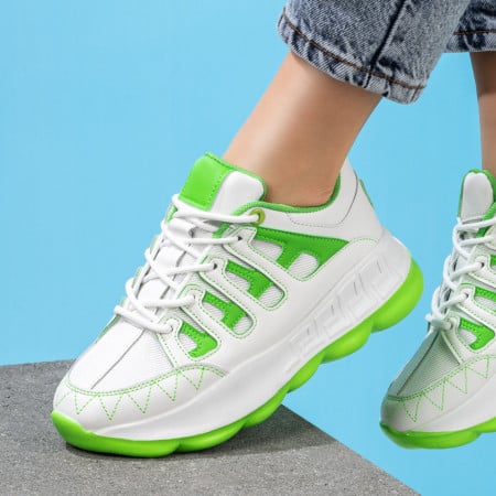 Pantofi sport dama albi cu verde cu siret si talpa groasa ZEF08195, 2, zeforia.ro