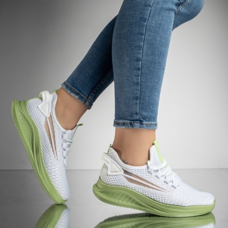 Pantofi sport dama cu siret din material textil alb cu verde MOD13183, 3, modlet.ro