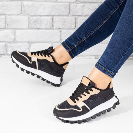 Pantofi sport dama cu siret negri cu bej MOD10128, 3, modlet.ro