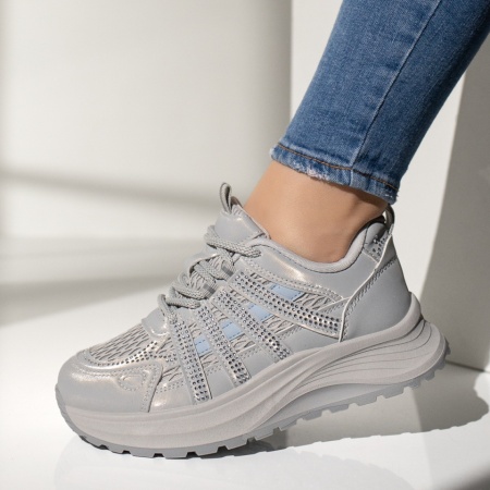 Pantofi sport dama cu siret si talpa groasa gri MOD14264, 2, modlet.ro