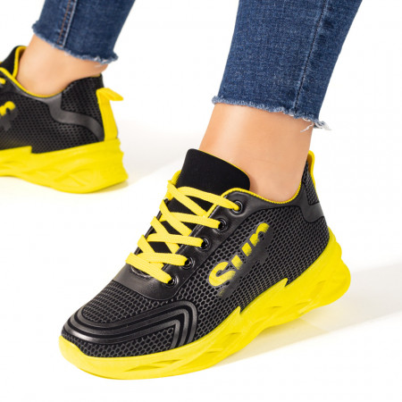 Plateste Jumatate!, Pantofi sport dama cu siret si talpa groasa negri cu galben MOD10169, modlet.ro