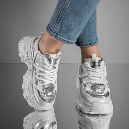 Pantofi sport dama cu talpa groasa albi cu argintiu MOD11701, 2, modlet.ro