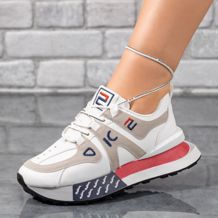 Pantofi sport dama cu talpa groasa albi cu gri si rosu ZEF09789