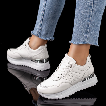 Plateste Jumatate!, Pantofi sport dama cu talpa groasa albi MOD09596, modlet.ro