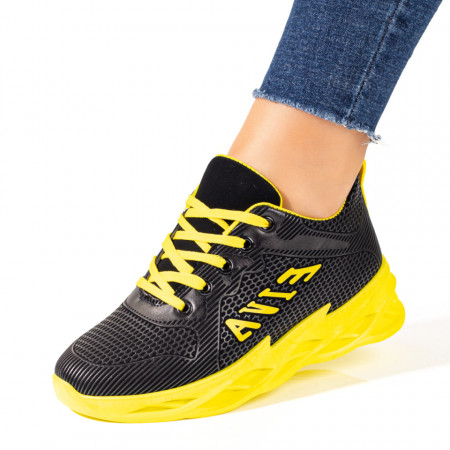 Adidasi dama, Pantofi sport dama cu talpa groasa negri cu galben MOD10170, modlet.ro