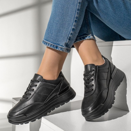 Adidasi dama, Pantofi sport dama cu talpa groasa negri din Piele naturala MOD12975, modlet.ro