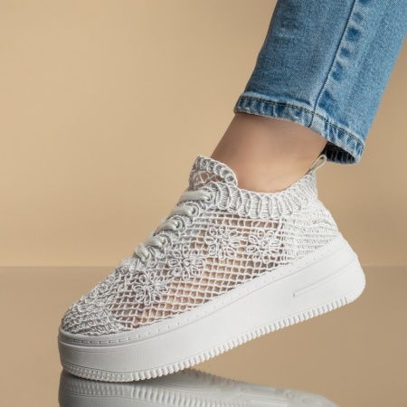 Adidasi dama, Pantofi sport dama cu talpa groasa si perforatii albi MOD13087, modlet.ro