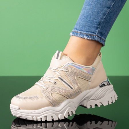 REDUCERI INCALTAMINTE, Pantofi sport dama cu talpa groasa si pietre aplicate bej MOD09259, modlet.ro