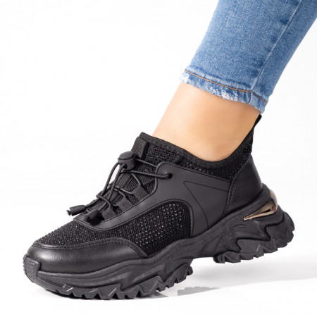Adidasi dama, Pantofi sport dama cu talpa groasa si strasuri negri MOD09258, modlet.ro