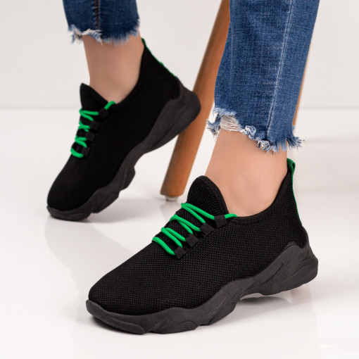 Pantofi sport dama negri cu sireturi verzi din material textil MDL03974