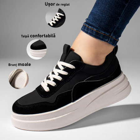 Tenisi dama, Pantofi sport dama negri cu talpa groasa alba MOD09908, modlet.ro