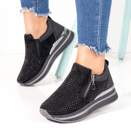 Adidasi dama, Pantofi sport negri dama cu fermoar si pietre aplicate MOD05962, modlet.ro