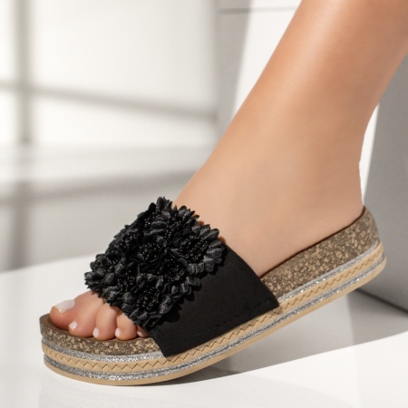 Papuci dama casual si floare decorativa negri ZEF13528, 2, zeforia.ro