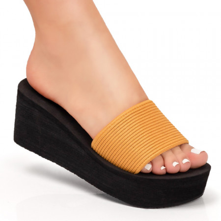 Oferta zilei, Papuci dama cu platforma din material textil galbeni MOD05369, modlet.ro