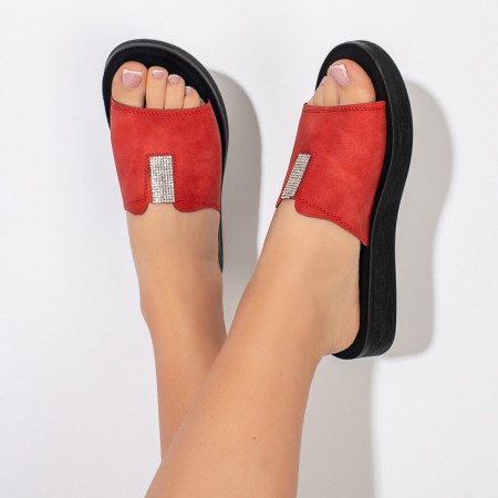 Papuci dama cu talpa joasa si aplicatie de pietre rosii MOD11441, 2, modlet.ro