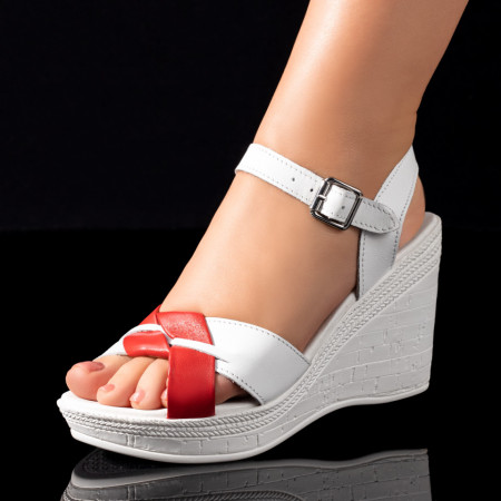Sandale dama cu platforma albe cu rosu din Piele naturala MDL09523